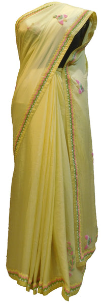SMSAREE Yellow Designer Wedding Partywear Crepe (Chinon) Stone Sequence & Beads Hand Embroidery Work Bridal Saree Sari With Blouse Piece E488