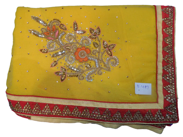 SMSAREE Yellow Designer Wedding Partywear Georgette (Viscos) Stone Thread Cutdana Beads & Bullion Hand Embroidery Work Bridal Saree Sari With Blouse Piece E489