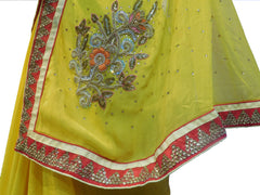 SMSAREE Yellow Designer Wedding Partywear Georgette (Viscos) Stone Thread Cutdana Beads & Bullion Hand Embroidery Work Bridal Saree Sari With Blouse Piece E489