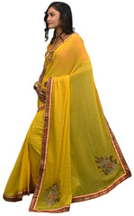 SMSAREE Yellow Designer Wedding Partywear Georgette (Viscos) Stone Thread Cutdana Beads & Bullion Hand Embroidery Work Bridal Saree Sari With Blouse Piece E489