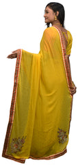 SMSAREE Yellow Designer Wedding Partywear Georgette (Viscos) Stone Thread Cutdana Beads & Bullion Hand Embroidery Work Bridal Saree Sari With Blouse Piece E489