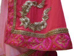 SMSAREE Pink Designer Wedding Partywear Crepe (Chinon) Stone Zari Thread Beads & Bullion Hand Embroidery Work Bridal Saree Sari With Blouse Piece E490