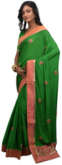 SMSAREE Green Designer Wedding Partywear Crepe (Chinon) Stone Zari Thread Beads Sequence & Bullion Hand Embroidery Work Bridal Saree Sari With Blouse Piece E491
