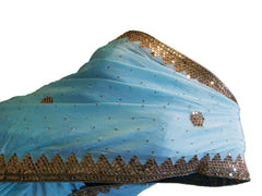 SMSAREE Blue Designer Wedding Partywear Crepe (Chinon) Stone Cutdana Mirror & Bullion Hand Embroidery Work Bridal Saree Sari With Blouse Piece E492