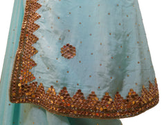 SMSAREE Blue Designer Wedding Partywear Crepe (Chinon) Stone Cutdana Mirror & Bullion Hand Embroidery Work Bridal Saree Sari With Blouse Piece E492