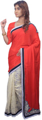 SMSAREE Red & Cream Designer Wedding Partywear Georgette (Viscos) & Net Stone Cutdana Thread Zari & Pearl Hand Embroidery Work Bridal Saree Sari With Blouse Piece E494