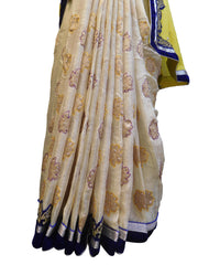 SMSAREE Yellow & Cream Designer Wedding Partywear Georgette (Viscos) Stone Cutdana & Thread Hand Embroidery Work Bridal Saree Sari With Blouse Piece E495