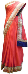 SMSAREE Red Designer Wedding Partywear Crepe (Chinon) Thread & Zari Hand Embroidery Work Bridal Saree Sari With Blouse Piece E496