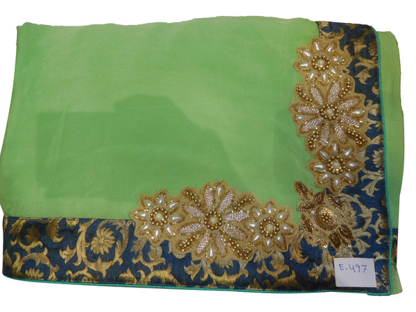 SMSAREE Green Designer Wedding Partywear Crepe (Chinon) Zari Thread Beads Cutdana Sequence & Bullion Hand Embroidery Work Bridal Saree Sari With Blouse Piece E497