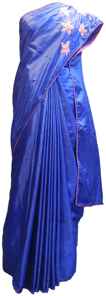 SMSAREE Blue Designer Wedding Partywear Silk Stone Mirror Beads & Thread Hand Embroidery Work Bridal Saree Sari With Blouse Piece E499