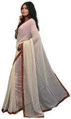 SMSAREE White Designer Wedding Partywear Georgette (Viscos) Mirror Sequence & Thread Hand Embroidery Work Bridal Saree Sari With Blouse Piece E500
