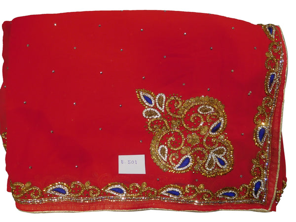 SMSAREE Red Designer Wedding Partywear Georgette Stone Cutdana Beads & Thread Hand Embroidery Work Bridal Saree Sari With Blouse Piece E501