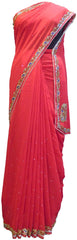 SMSAREE Red Designer Wedding Partywear Georgette Stone Cutdana Beads & Thread Hand Embroidery Work Bridal Saree Sari With Blouse Piece E501