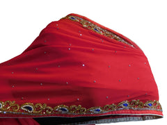 SMSAREE Red Designer Wedding Partywear Georgette Stone Cutdana Beads & Thread Hand Embroidery Work Bridal Saree Sari With Blouse Piece E501