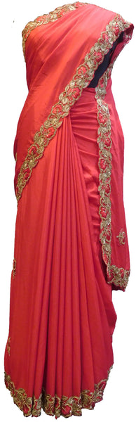 SMSAREE Red Designer Wedding Partywear Crepe (Chinon) Stone Beads & Thread Hand Embroidery Work Bridal Saree Sari With Blouse Piece E503