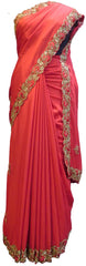 SMSAREE Red Designer Wedding Partywear Crepe (Chinon) Stone Beads & Thread Hand Embroidery Work Bridal Saree Sari With Blouse Piece E503