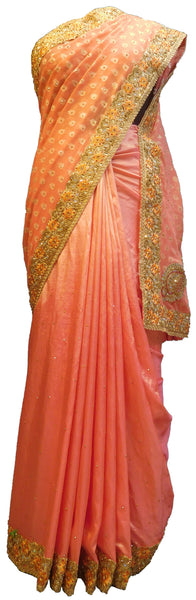 SMSAREE Peach Designer Wedding Partywear Georgette Stone Thread & Zari Hand Embroidery Work Bridal Saree Sari With Blouse Piece E504