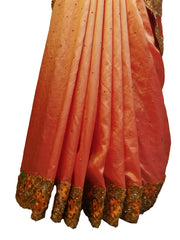 SMSAREE Peach Designer Wedding Partywear Georgette Stone Thread & Zari Hand Embroidery Work Bridal Saree Sari With Blouse Piece E504