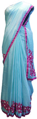 SMSAREE Blue Designer Wedding Partywear Crepe (Chinon) Thread & Pearl Hand Embroidery Work Bridal Saree Sari With Blouse Piece E505