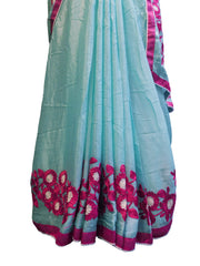 SMSAREE Blue Designer Wedding Partywear Crepe (Chinon) Thread & Pearl Hand Embroidery Work Bridal Saree Sari With Blouse Piece E505