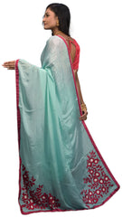 SMSAREE Blue Designer Wedding Partywear Crepe (Chinon) Thread & Pearl Hand Embroidery Work Bridal Saree Sari With Blouse Piece E505