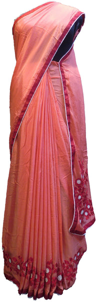 SMSAREE Peach Designer Wedding Partywear Crepe (Chinon) Thread & Pearl Hand Embroidery Work Bridal Saree Sari With Blouse Piece E506