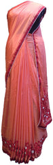 SMSAREE Peach Designer Wedding Partywear Crepe (Chinon) Thread & Pearl Hand Embroidery Work Bridal Saree Sari With Blouse Piece E506