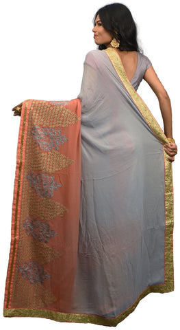 SMSAREE Peach & Grey Designer Wedding Partywear Georgette (Viscos) Stone Cutdana Thread & Zari Hand Embroidery Work Bridal Saree Sari With Blouse Piece E508