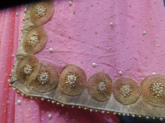 SMSAREE Pink Designer Wedding Partywear Crepe (Chinon) Stone Zari & Pearl Hand Embroidery Work Bridal Saree Sari With Blouse Piece E509