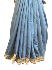 SMSAREE Blue Designer Wedding Partywear Satin Silk Thread Cutdana Beads & Bullion Hand Embroidery Work Bridal Saree Sari With Blouse Piece E510