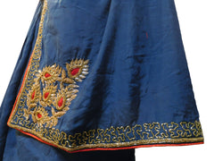 SMSAREE Blue Designer Wedding Partywear Satin Silk Thread Cutdana Beads & Bullion Hand Embroidery Work Bridal Saree Sari With Blouse Piece E510