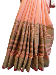SMSAREE Peach Designer Wedding Partywear Georgette (Viscos) Zari Hand Embroidery Work Bridal Saree Sari With Blouse Piece E511