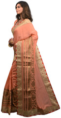 SMSAREE Peach Designer Wedding Partywear Georgette (Viscos) Zari Hand Embroidery Work Bridal Saree Sari With Blouse Piece E511