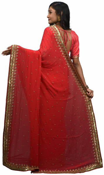 SMSAREE Pink Designer Wedding Partywear Georgette (Viscos) Cutdana Stone Beads & Thread Hand Embroidery Work Bridal Saree Sari With Blouse Piece E512