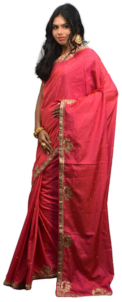 SMSAREE Pink Designer Wedding Partywear Silk Cutdana Stone Zari & Gota Hand Embroidery Work Bridal Saree Sari With Blouse Piece E514