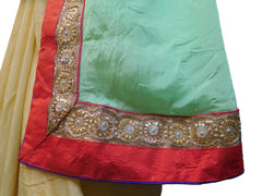 SMSAREE Turquoise & Cream Designer Wedding Partywear Crepe (Chinon) Cutdana Stone Beads & Zari Hand Embroidery Work Bridal Saree Sari With Blouse Piece E518