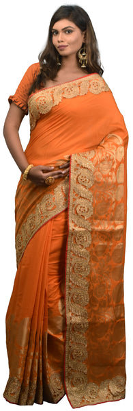 SMSAREE Orange Designer Wedding Partywear Georgette (Viscos) Stone & Zari Hand Embroidery Work Bridal Saree Sari With Blouse Piece E519