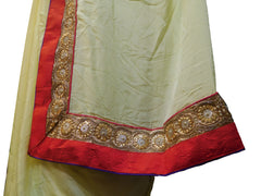 SMSAREE Cream Designer Wedding Partywear Crepe (Chinon) Cutdana Stone Beads & Zari Hand Embroidery Work Bridal Saree Sari With Blouse Piece E520