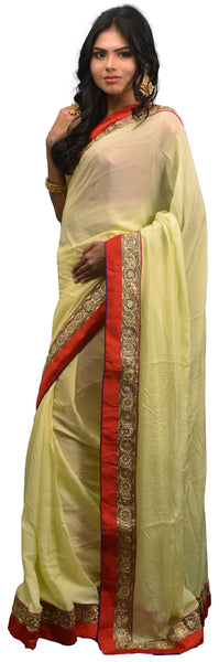 SMSAREE Cream Designer Wedding Partywear Crepe (Chinon) Cutdana Stone Beads & Zari Hand Embroidery Work Bridal Saree Sari With Blouse Piece E520