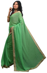 SMSAREE Green Designer Wedding Partywear Georgette Cutdana Thread & Stone  Hand Embroidery Work Bridal Saree Sari With Blouse Piece E526