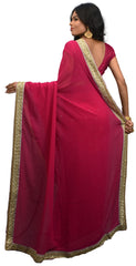 SMSAREE Pink Designer Wedding Partywear Georgette Cutdana Thread & Stone  Hand Embroidery Work Bridal Saree Sari With Blouse Piece E527