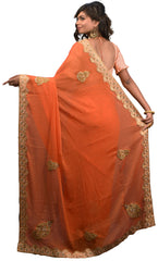 SMSAREE Peach Designer Wedding Partywear Georgette Stone & Zari Hand Embroidery Work Bridal Saree Sari With Blouse Piece E530