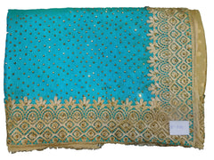 SMSAREE Turquoise & Cream Designer Wedding Partywear Silk & Chinon Thread & Stone  Hand Embroidery Work Bridal Saree Sari With Blouse Piece E531
