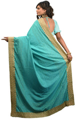 SMSAREE Turquoise & Cream Designer Wedding Partywear Silk & Chinon Thread & Stone  Hand Embroidery Work Bridal Saree Sari With Blouse Piece E531
