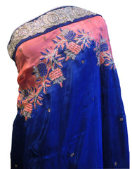 SMSAREE Blue & Peach Designer Wedding Partywear Crepe (Chinon) Stone Cutdana Thread Zari & Pearl Hand Embroidery Work Bridal Saree Sari With Blouse Piece E532