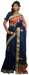 SMSAREE Blue & Peach Designer Wedding Partywear Crepe (Chinon) Stone Cutdana Thread Zari & Pearl Hand Embroidery Work Bridal Saree Sari With Blouse Piece E532