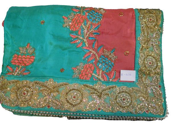 SMSAREE Turquoise & Pink Designer Wedding Partywear Crepe (Chinon) Stone Cutdana Thread Zari & Pearl Hand Embroidery Work Bridal Saree Sari With Blouse Piece E533