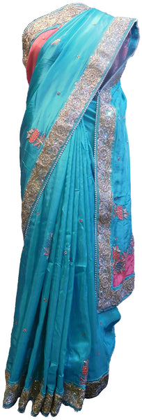 SMSAREE Turquoise & Pink Designer Wedding Partywear Crepe (Chinon) Stone Cutdana Thread Zari & Pearl Hand Embroidery Work Bridal Saree Sari With Blouse Piece E533