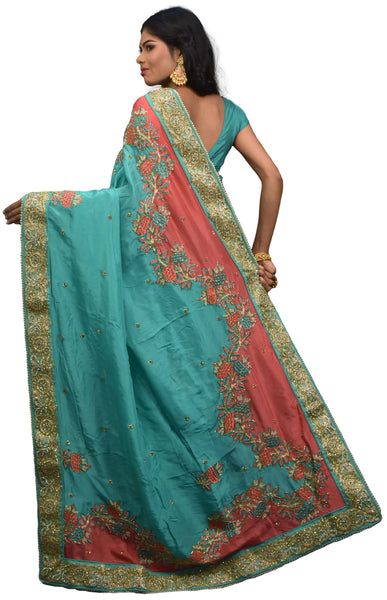 SMSAREE Turquoise & Pink Designer Wedding Partywear Crepe (Chinon) Stone Cutdana Thread Zari & Pearl Hand Embroidery Work Bridal Saree Sari With Blouse Piece E533