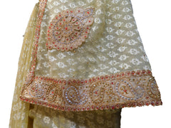 SMSAREE Cream Designer Wedding Partywear Brasso Stone & Zari Hand Embroidery Work Bridal Saree Sari With Blouse Piece E534